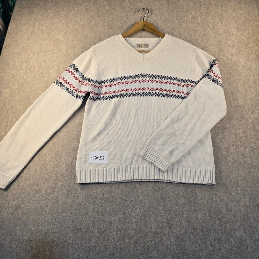 Aeropostale Mens V-Neck Fair Isle Sweater Cream White Navy Red Ramie Cotton L